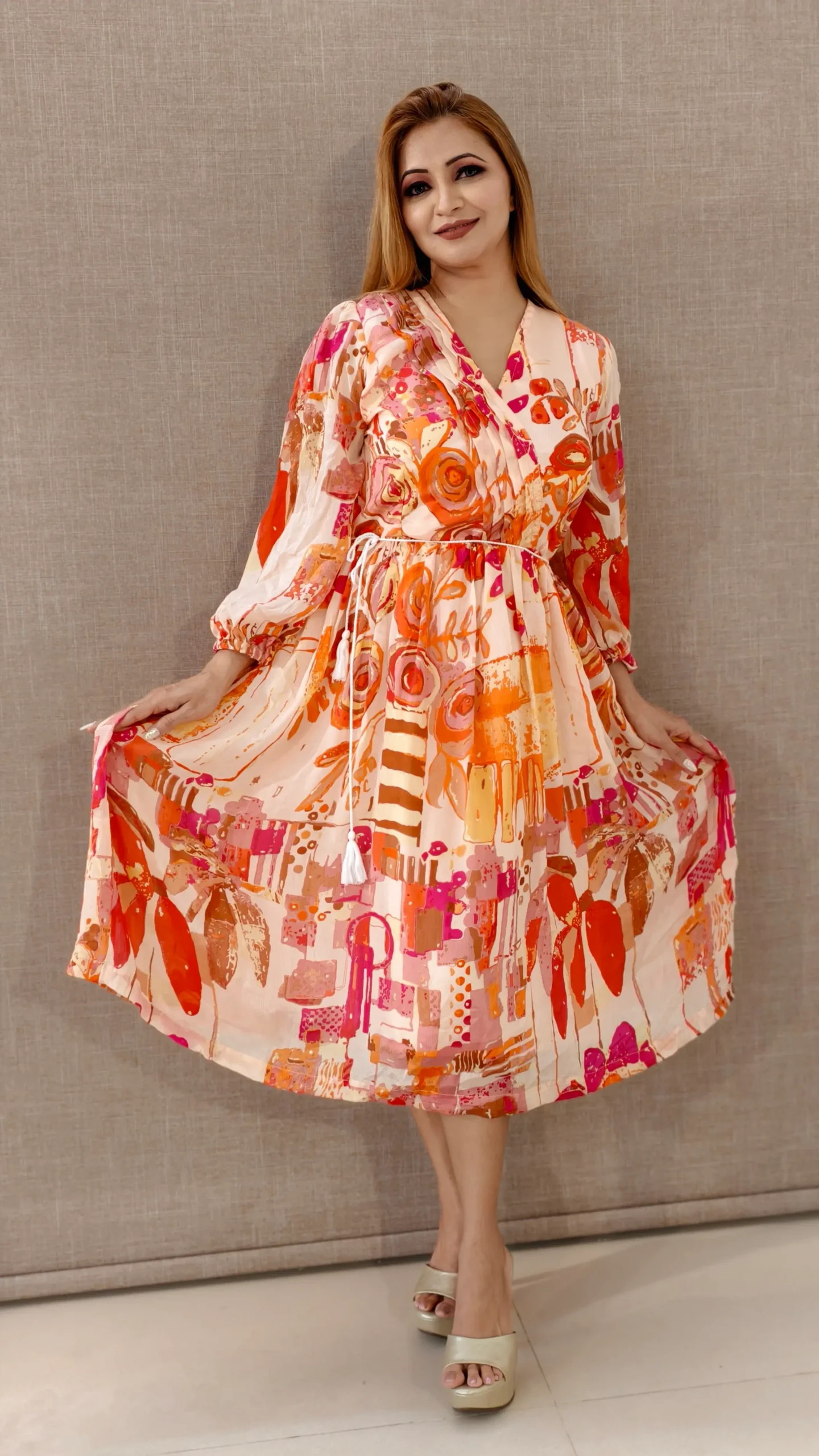 nine2five-peach-abstract-digital-print-chiffon-midi-dress-with-tassel-belt