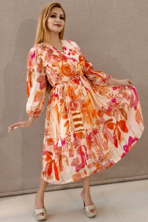 nine2five-peach-abstract-digital-print-chiffon-midi-dress-with-tassel-belt