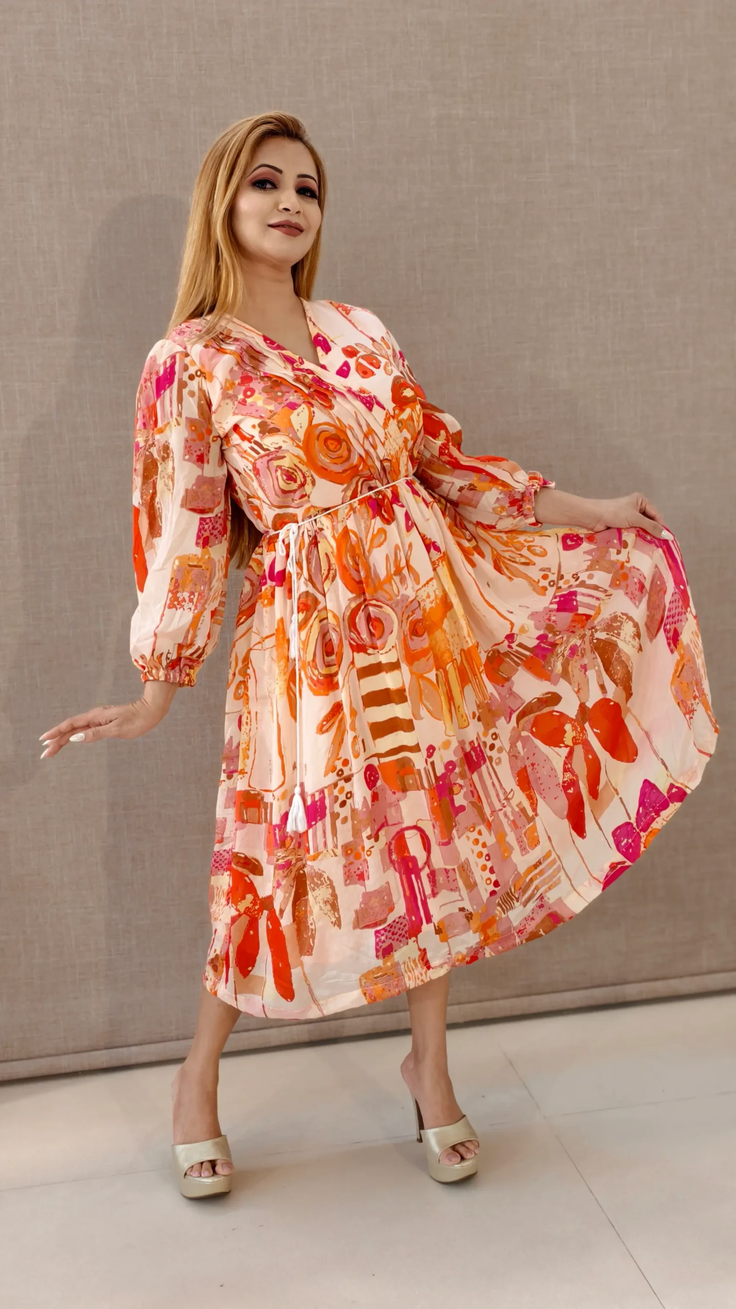 nine2five-peach-abstract-digital-print-chiffon-midi-dress-with-tassel-belt