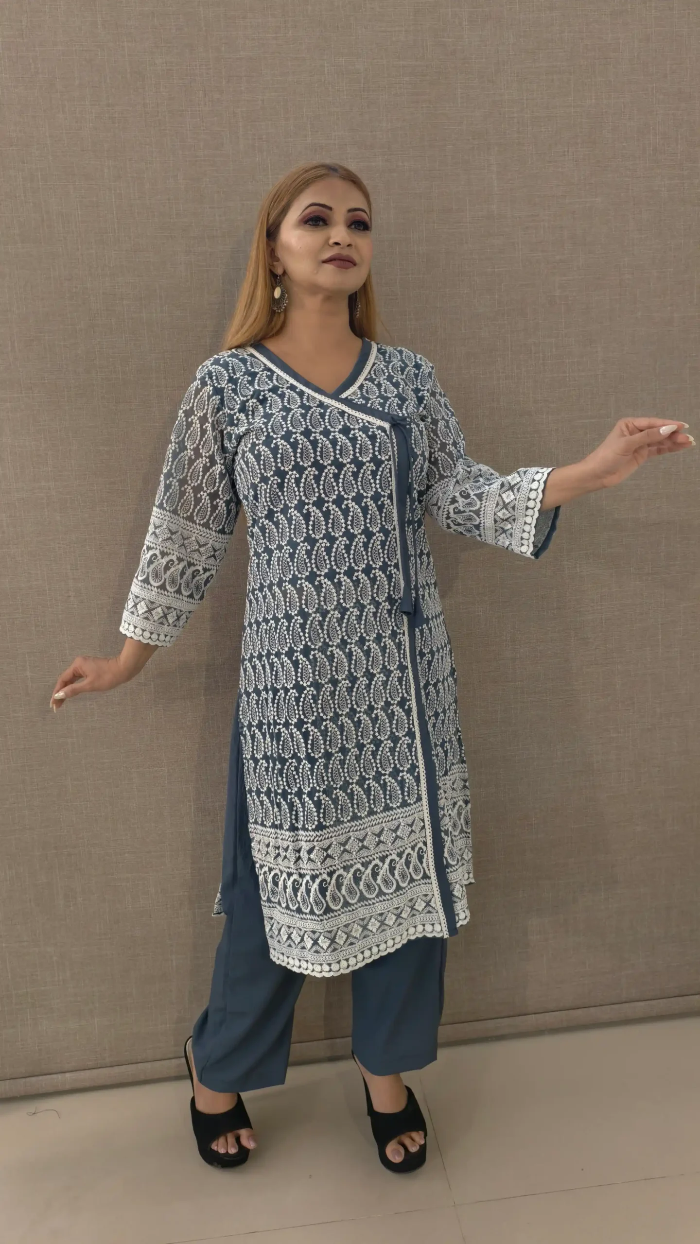 Nine2Five Steel Grey Angarkha Style Georgette Kurti Set with Lucknowi Work (2 Pc)