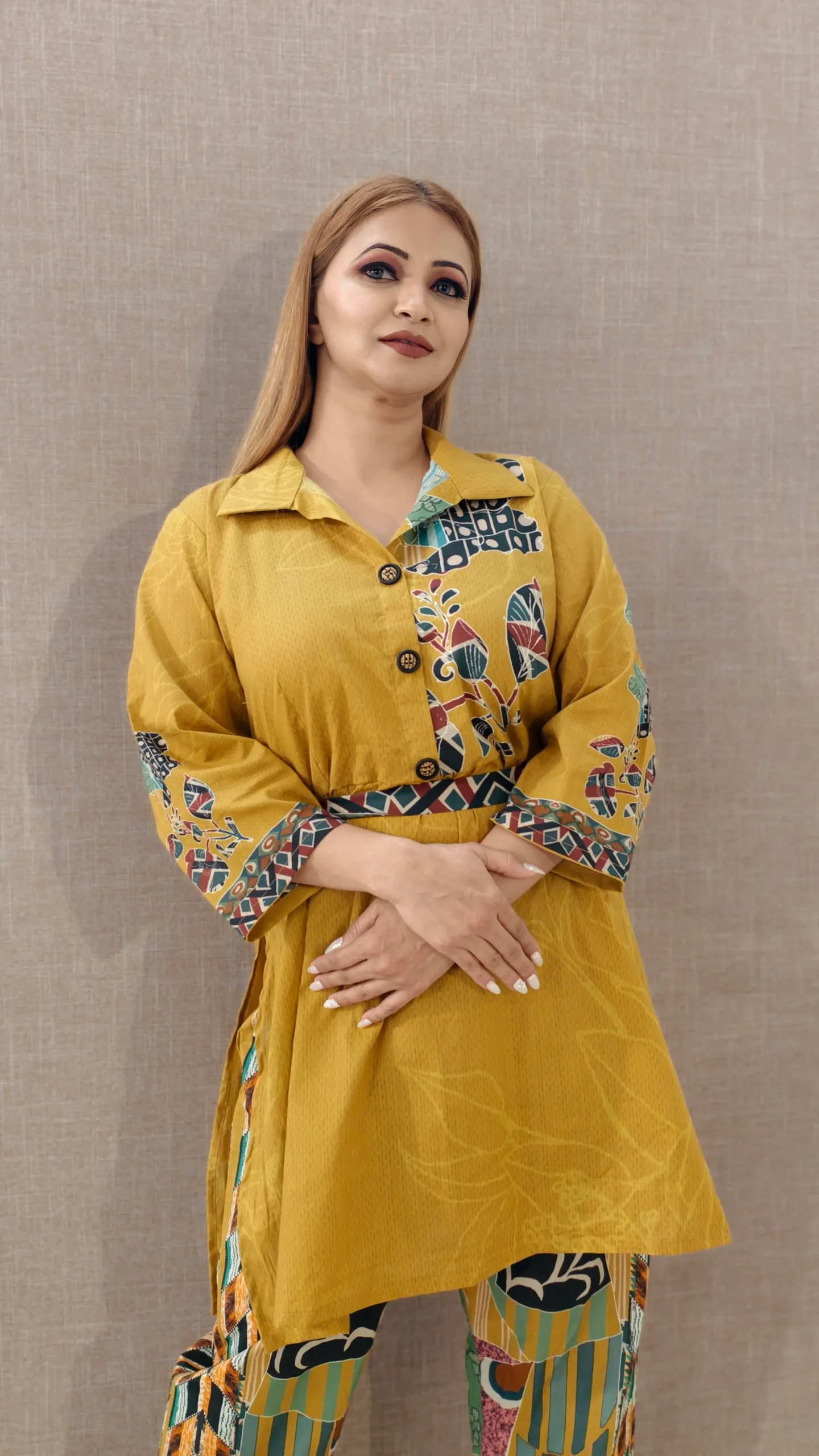 Nine2Five Mustard Abstract Print Cotton Co-Ord Set – Tunic Style