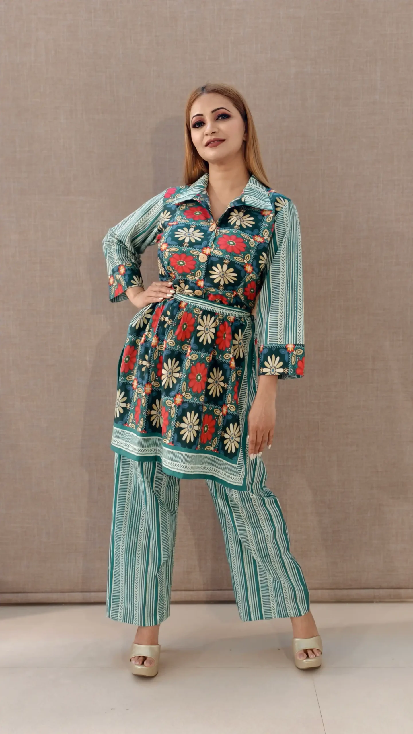 Nine2Five Pure Cotton Digital Print Co-Ord Set – Tunic Style with Wing Collar