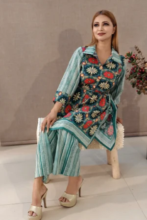 Nine2Five Pure Cotton Digital Print Co-Ord Set – Tunic Style with Wing Collar