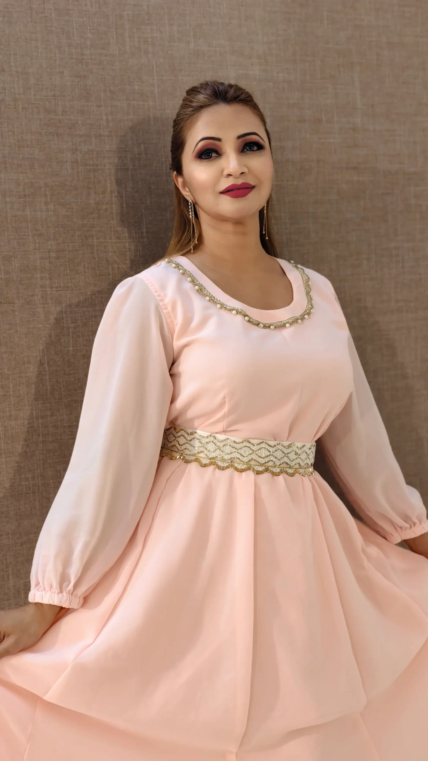 Nine2Five Pastel Peach Georgette Kurti with Moti Belt