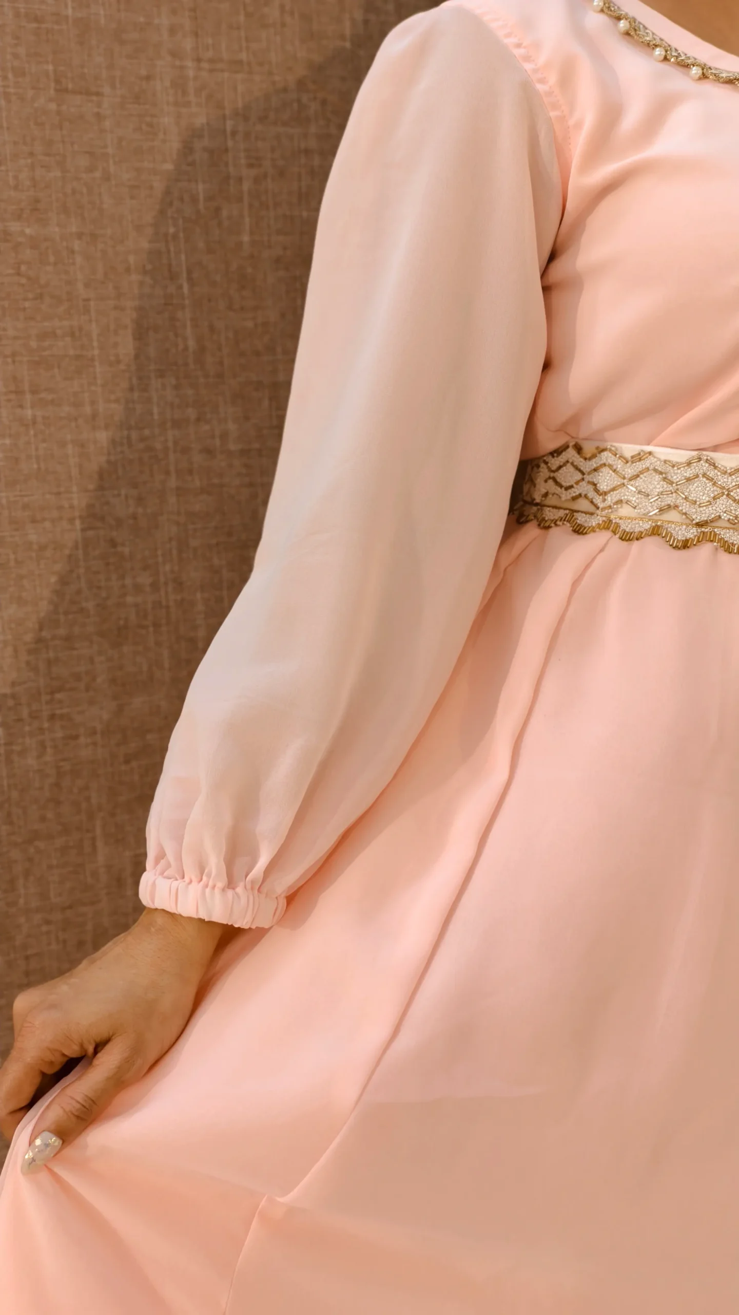 Nine2Five Pastel Peach Georgette Kurti with Moti Belt