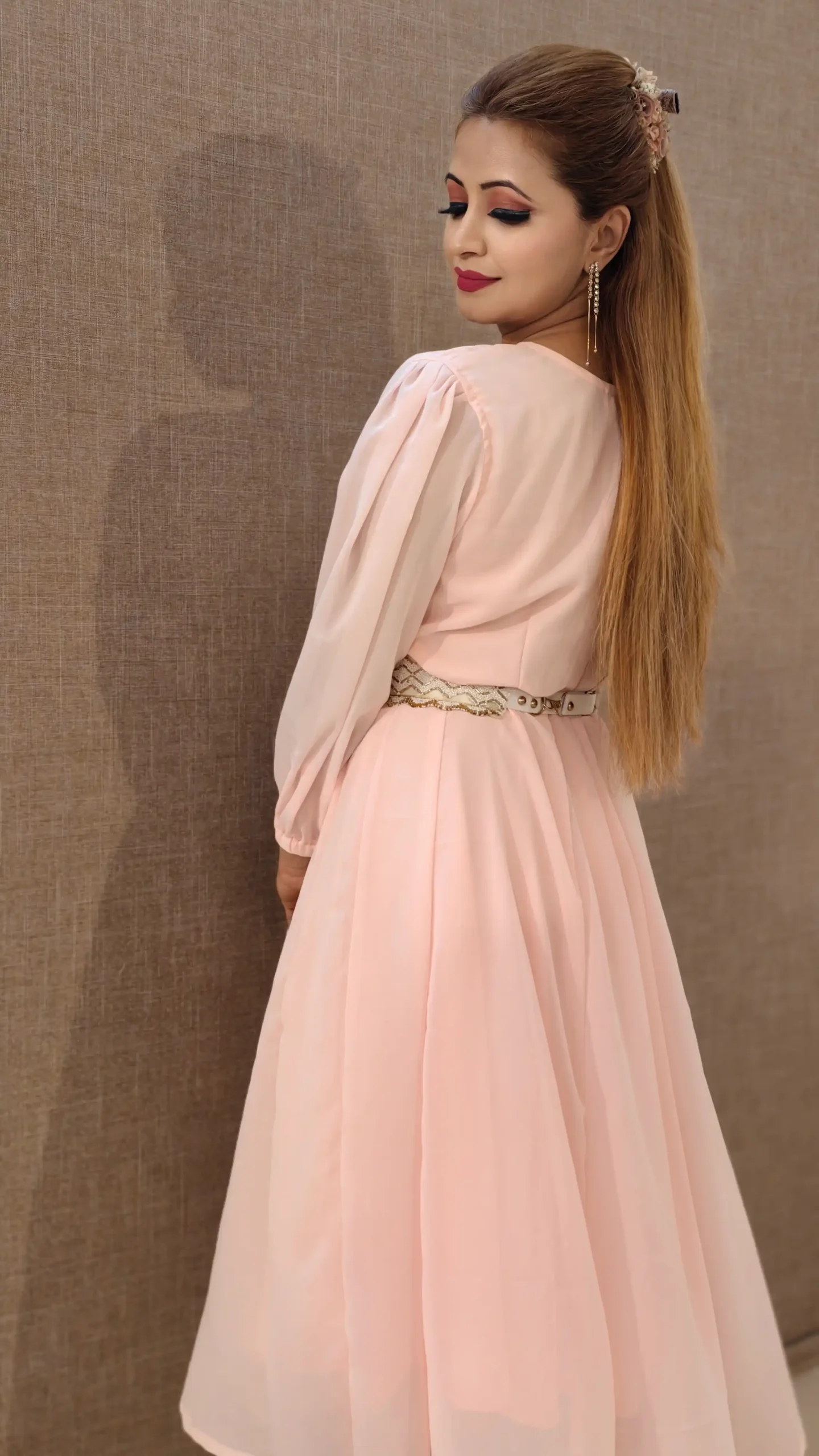 Nine2Five Pastel Peach Georgette Kurti with Moti Belt