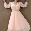 Nine2Five Pastel Peach Georgette Kurti with Moti Belt