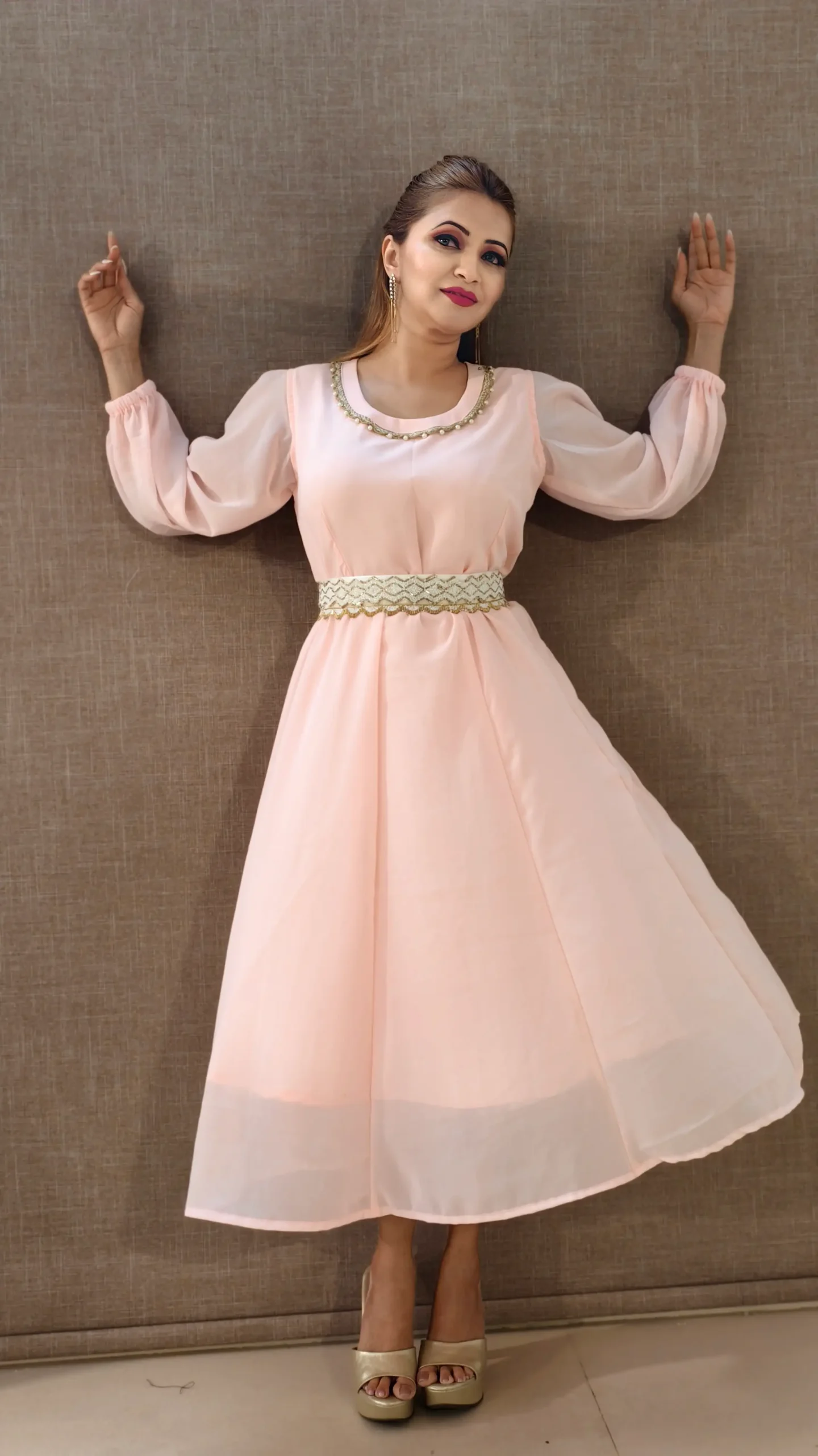 Nine2Five Pastel Peach Georgette Kurti with Moti Belt