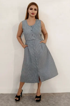 Nine2Five Blue & White Striped Denim Midi Dress – Sleeveless with Pockets