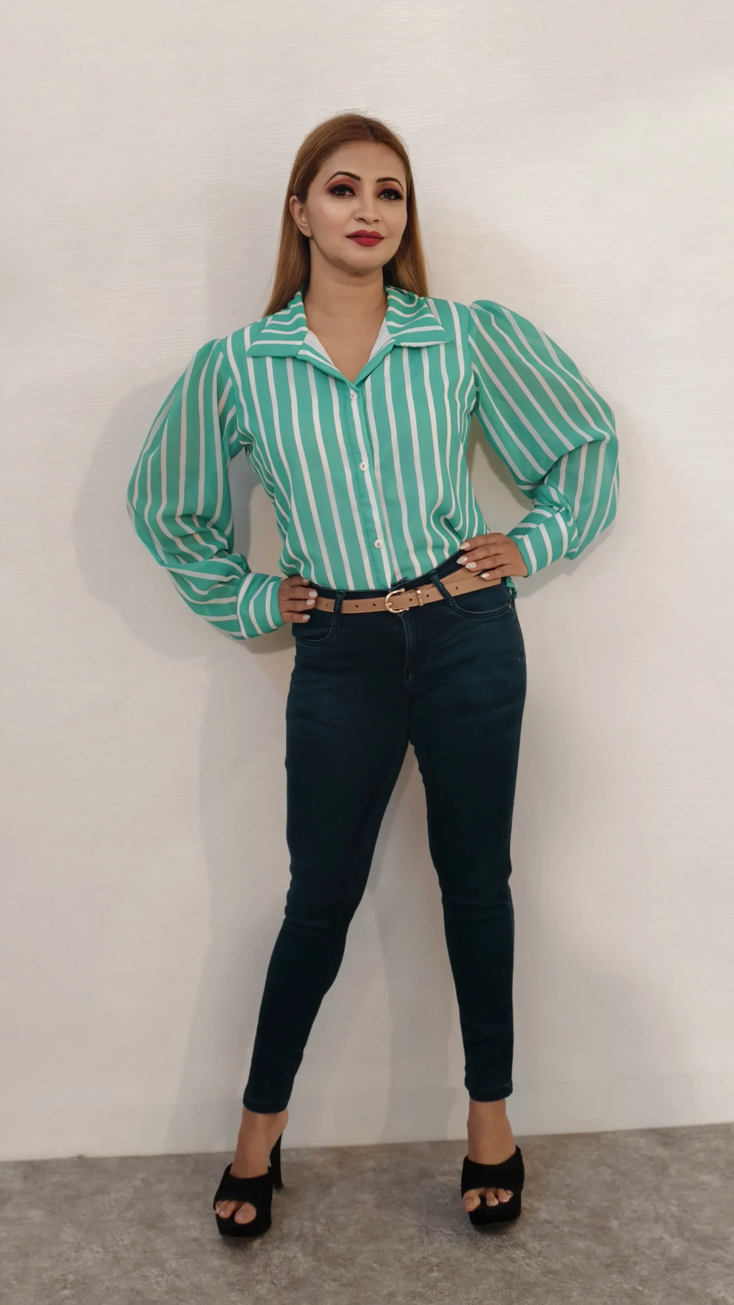 Nine2Five Green Striped Georgette Shirt – Wing Collar, Full Sleeves