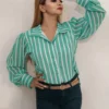 Nine2Five Green Striped Georgette Shirt – Wing Collar, Full Sleeves