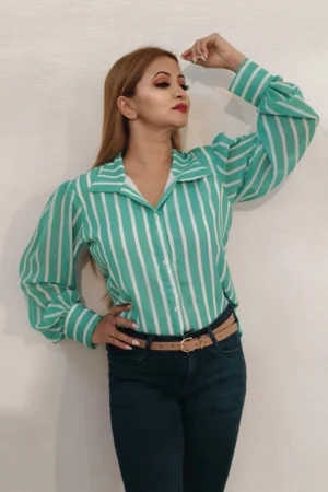 Nine2Five Green Striped Georgette Shirt – Wing Collar, Full Sleeves