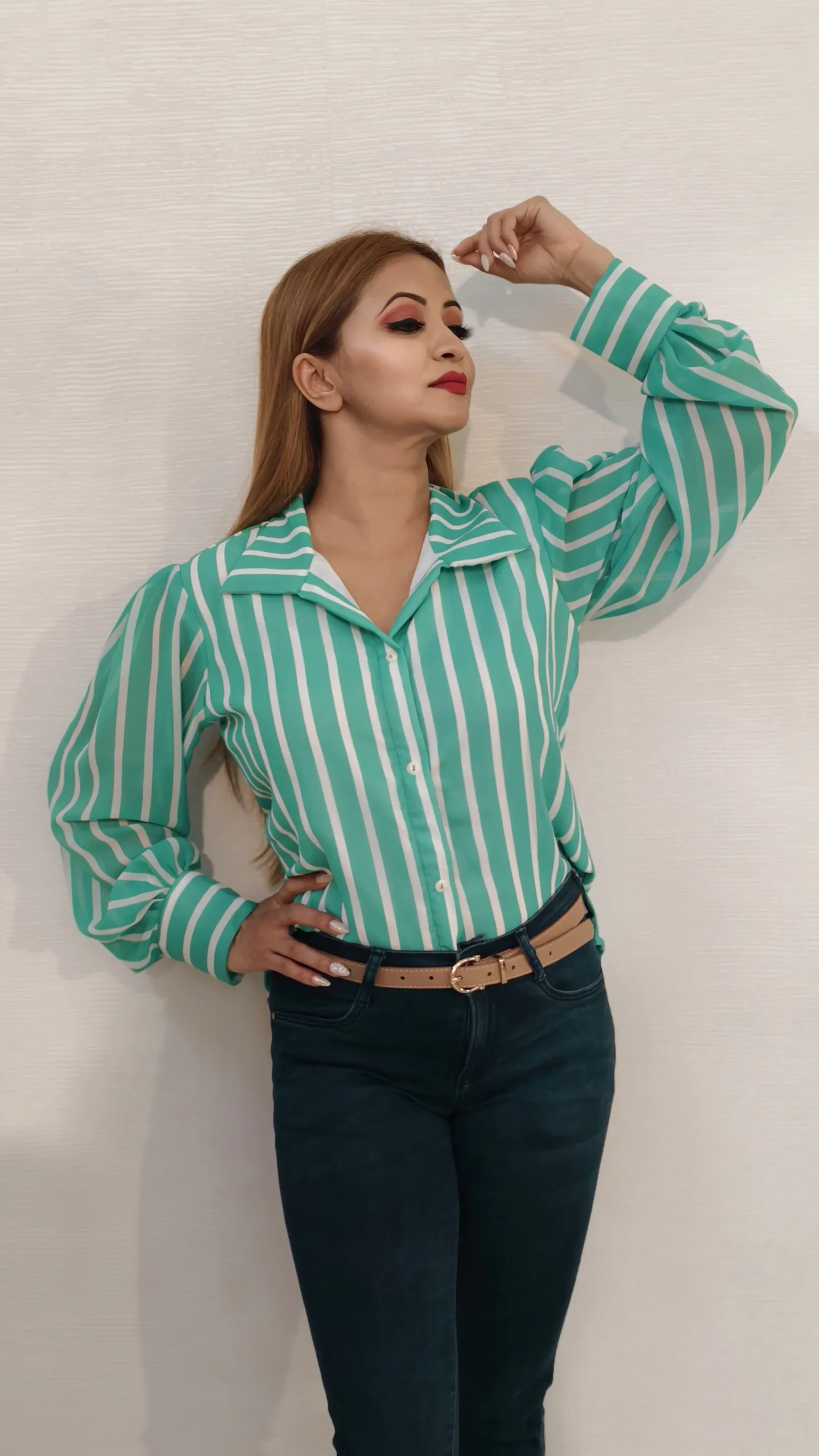 Nine2Five Green Striped Georgette Shirt – Wing Collar, Full Sleeves