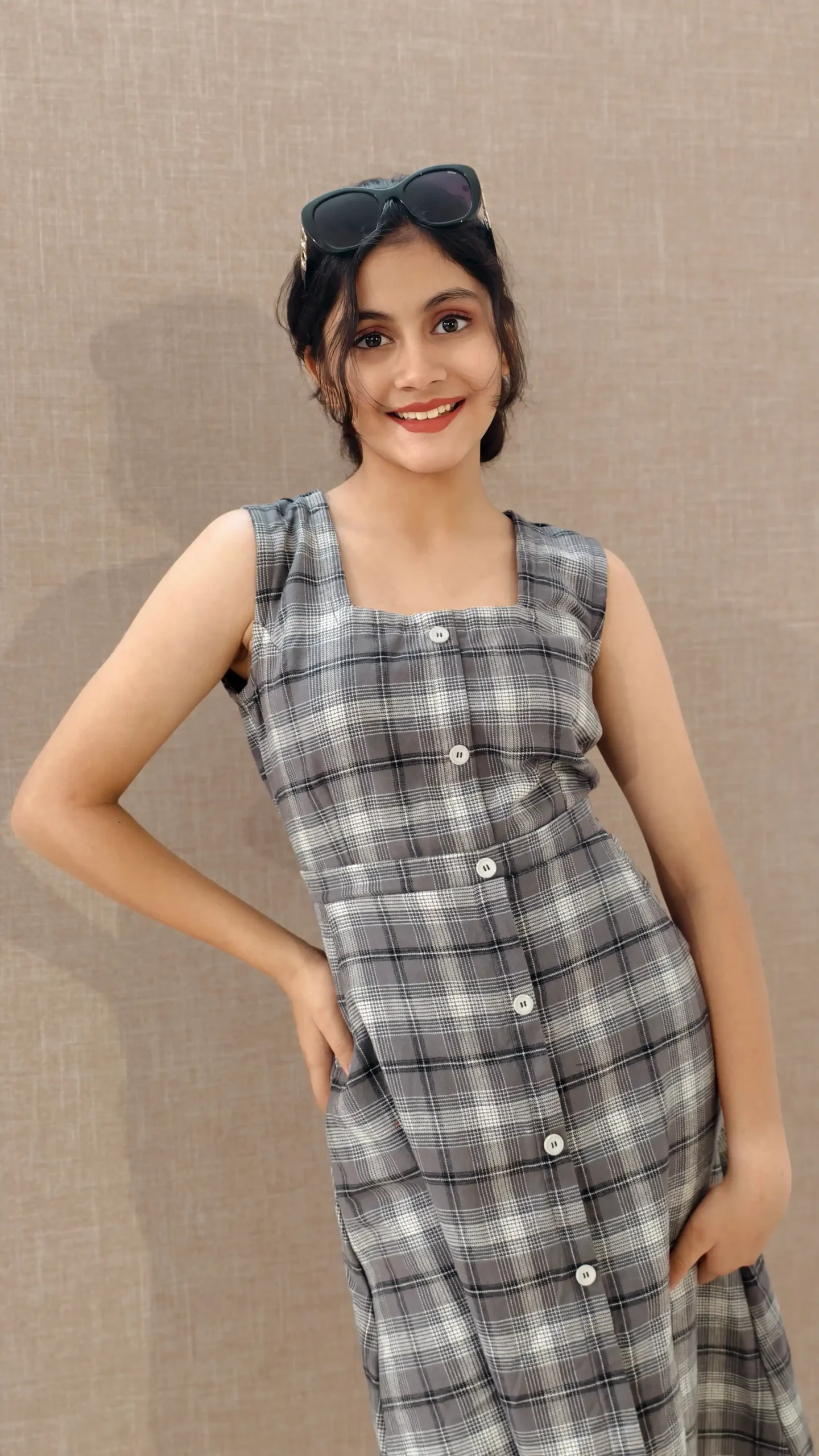 Nine2Five Black & White Checks Cotton Dress – A-Line Flare with Pockets