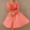 Nine2Five Peach Red Checks Seersucker Cotton Dress