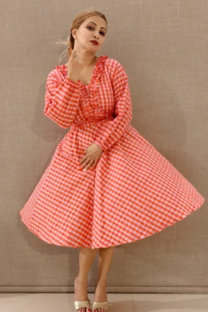 Nine2Five Peach Red Checks Seersucker Cotton Dress