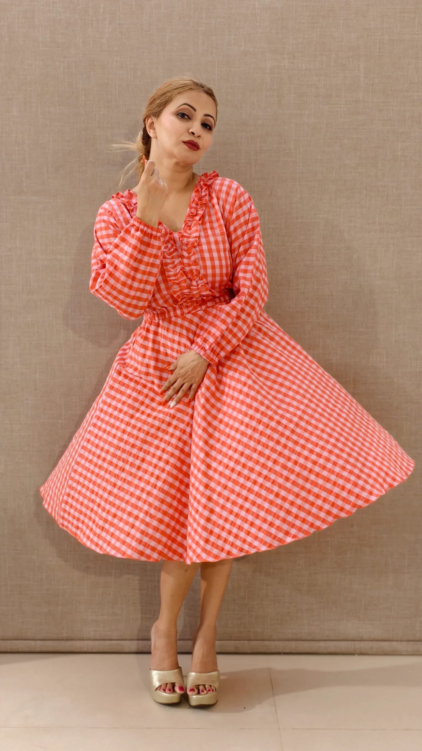 Nine2Five Peach Red Checks Seersucker Cotton Dress