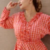 Nine2Five Peach Red Checks Seersucker Cotton Dress