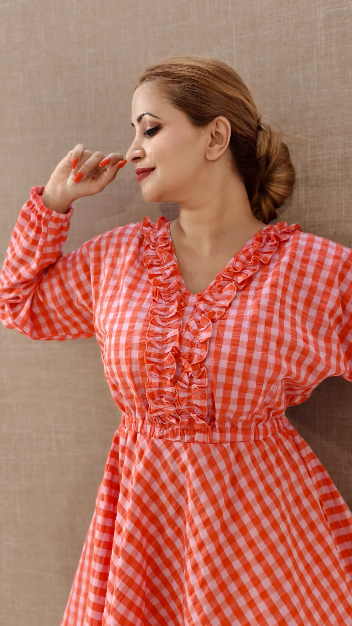 Nine2Five Peach Red Checks Seersucker Cotton Dress