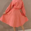 Nine2Five Peach Red Checks Seersucker Cotton Dress