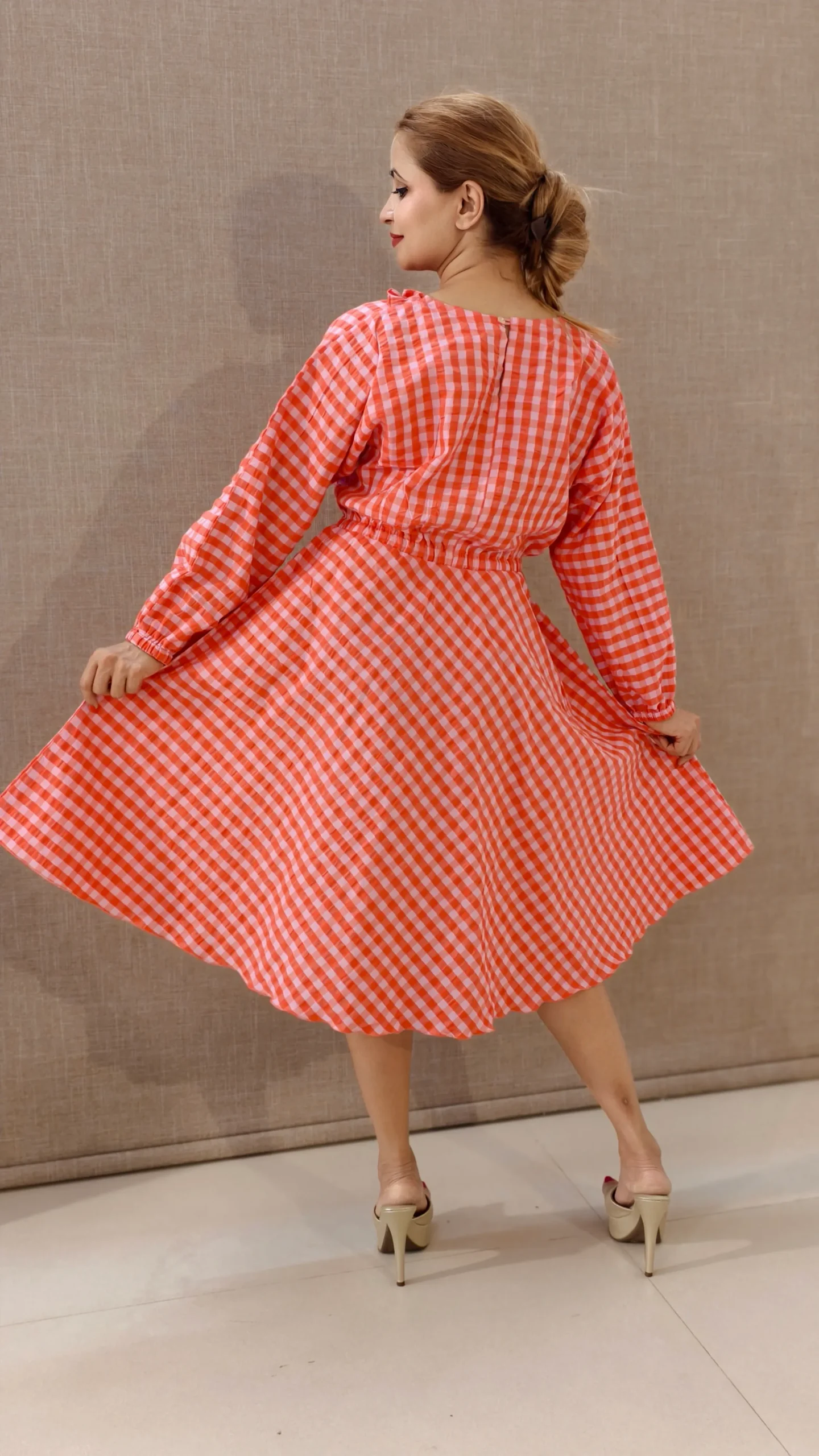 Nine2Five Peach Red Checks Seersucker Cotton Dress