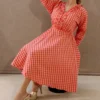 Nine2Five Peach Red Checks Seersucker Cotton Dress