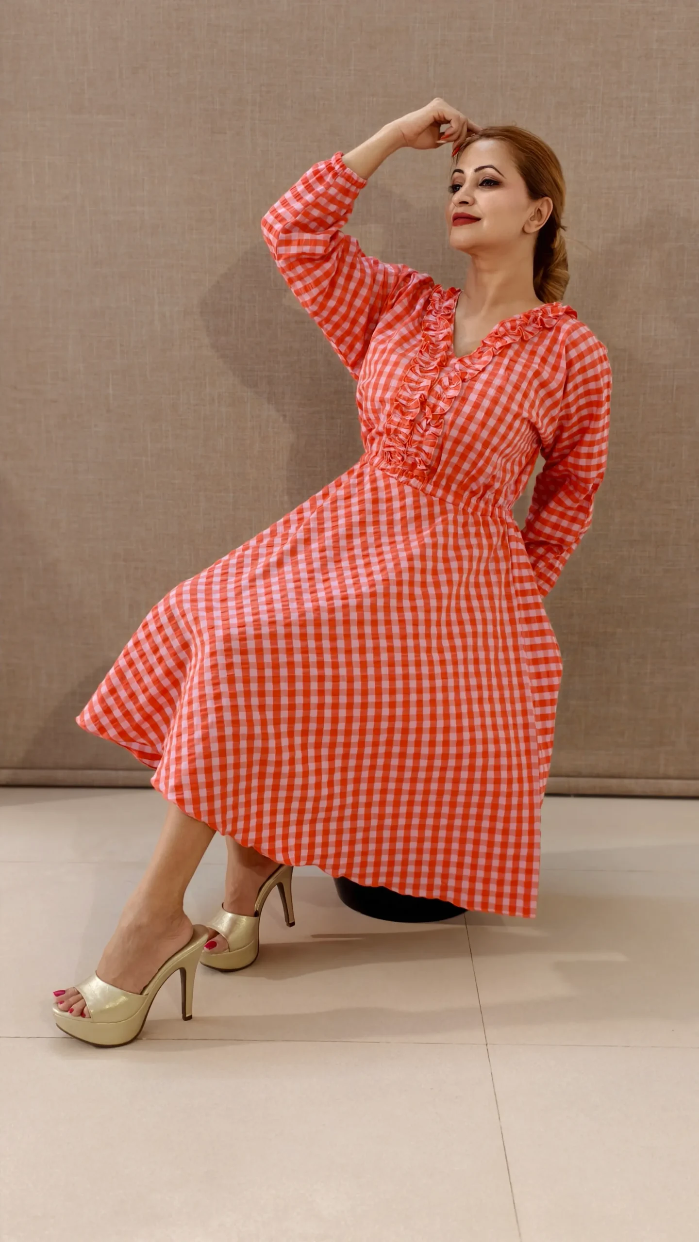 Nine2Five Peach Red Checks Seersucker Cotton Dress