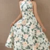 Nine2Five Pastel Bloom Halter Neck Cotton Dress – Summer Umbrella Flare