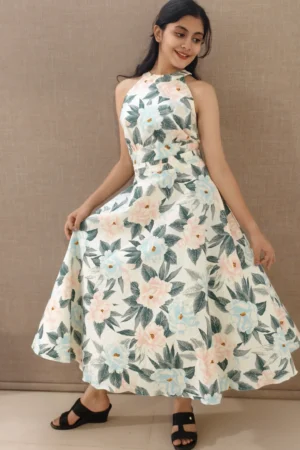 Nine2Five Pastel Bloom Halter Neck Cotton Dress – Summer Umbrella Flare