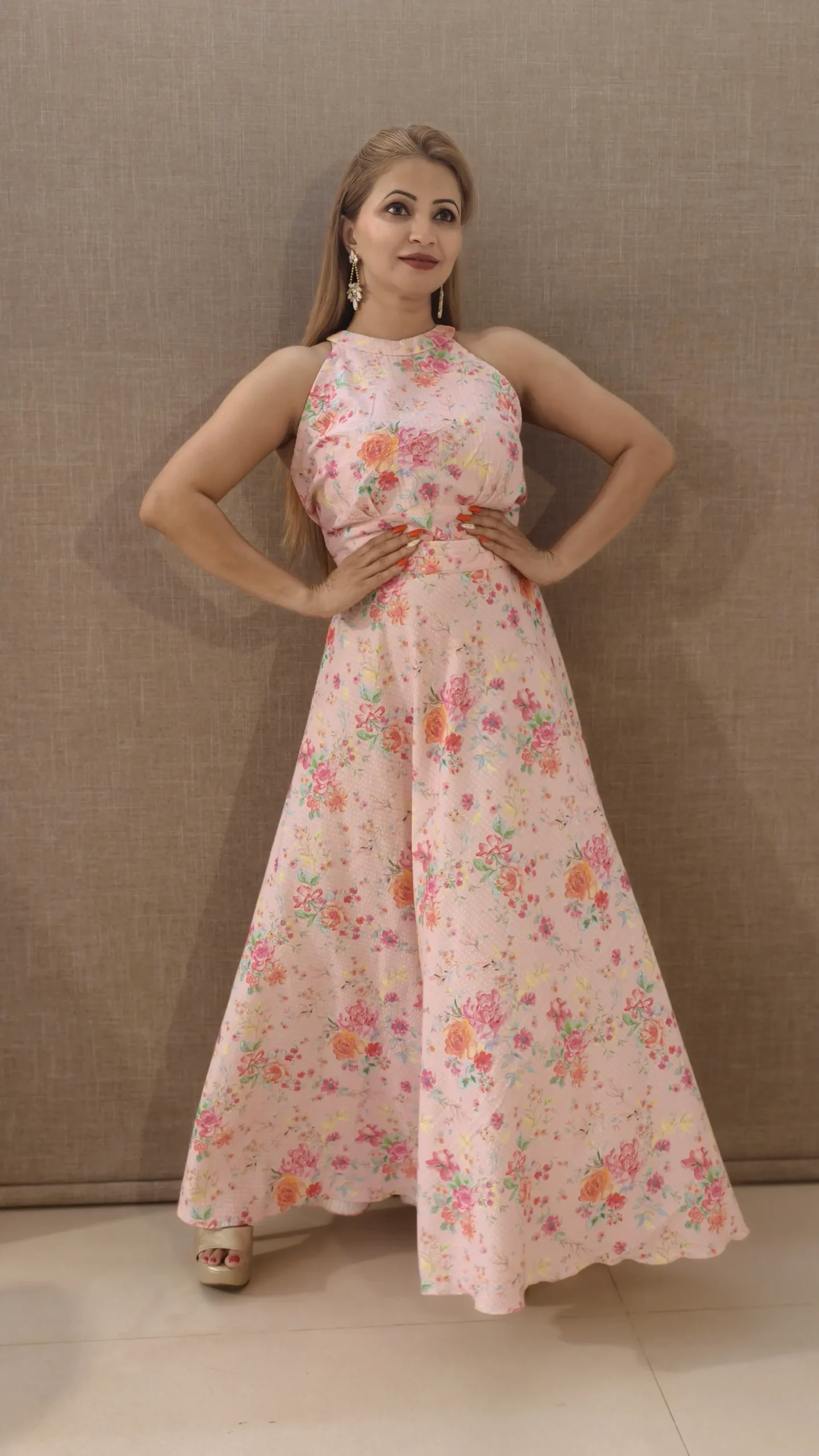 Nine2Five Pastel Pink Floral Halter Neck Seersucker Cotton Dress