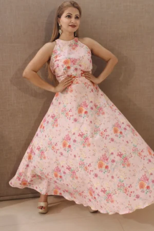 Nine2Five Pastel Pink Floral Halter Neck Seersucker Cotton Dress